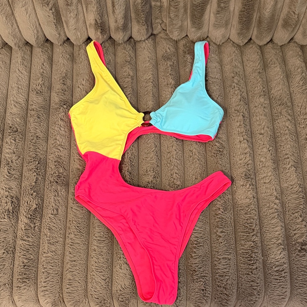 Colorblock Cutout One-Piece Swimsuit - Yellow, Aqua & Hot Pink